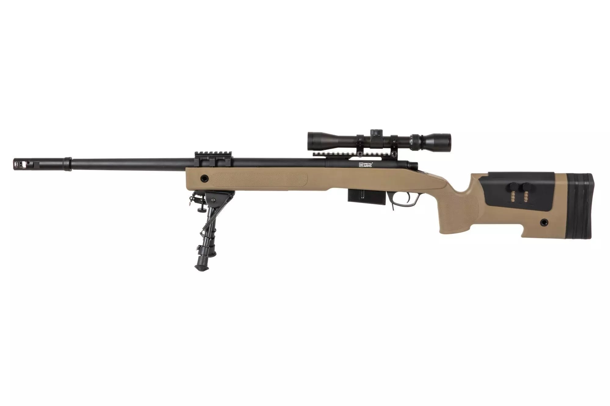 Specna Arms SA-S03 CORE™ High Velocity tarkkuuskivääri kiikarilla ja etujaloilla - tan