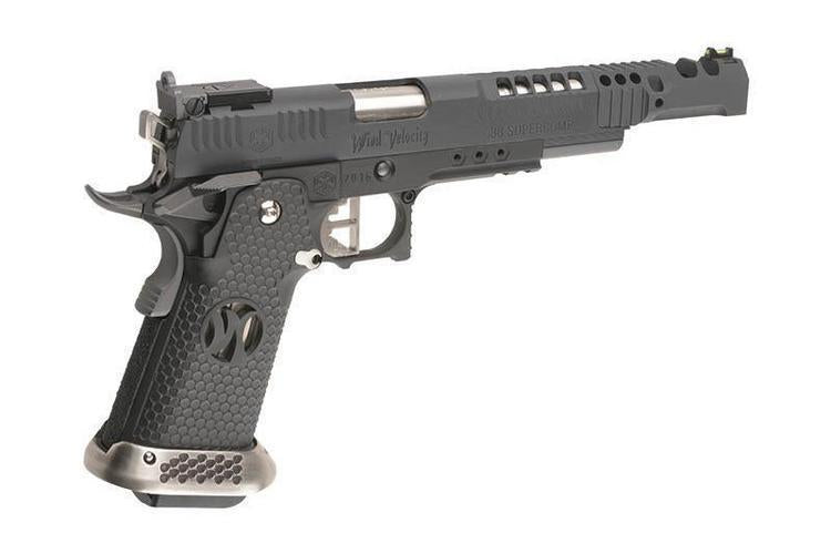 HX2402 .38 SuperComp GBB-kilpailupistooli, täysmetallinen – musta/hopea