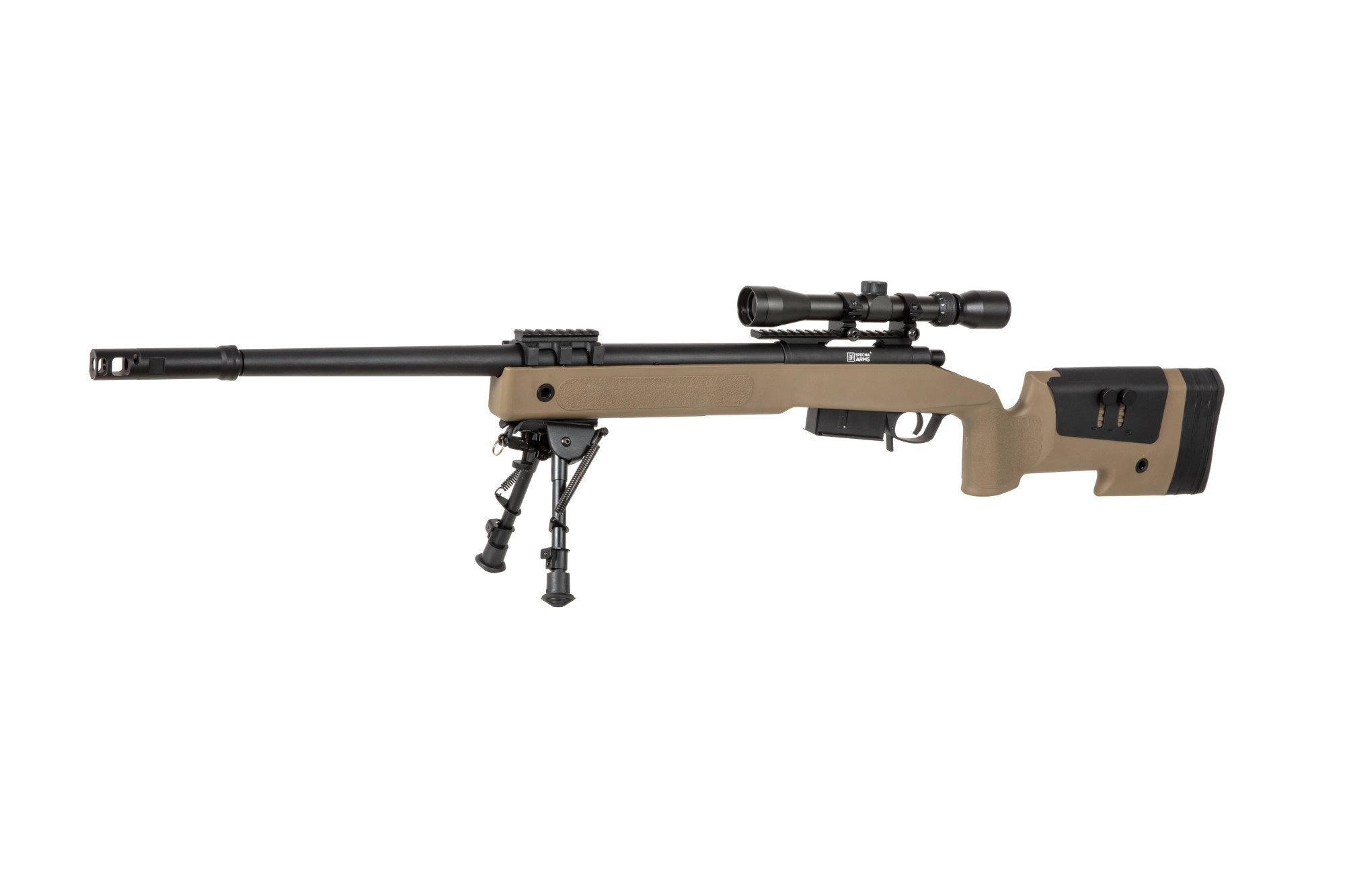 Specna Arms SA-S03 CORE™ High Velocity tarkkuuskivääri kiikarilla ja etujaloilla - tan