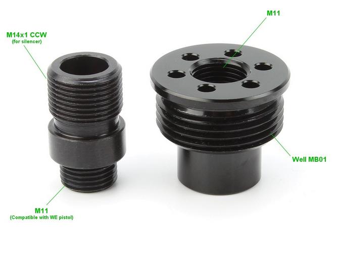Well MB01, 04, 05, 06, 13 outer barrel end cap and suppressor adapter